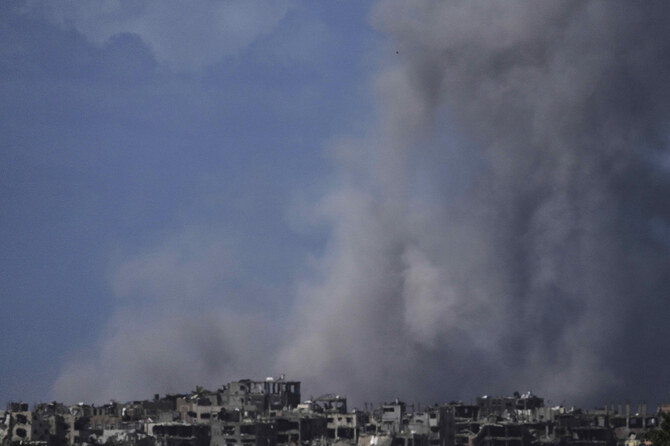 Smoke rises following an Israeli bombardment in the Gaza Strip, as seen from southern Israel, on March 19, 2025. (AP Photo)