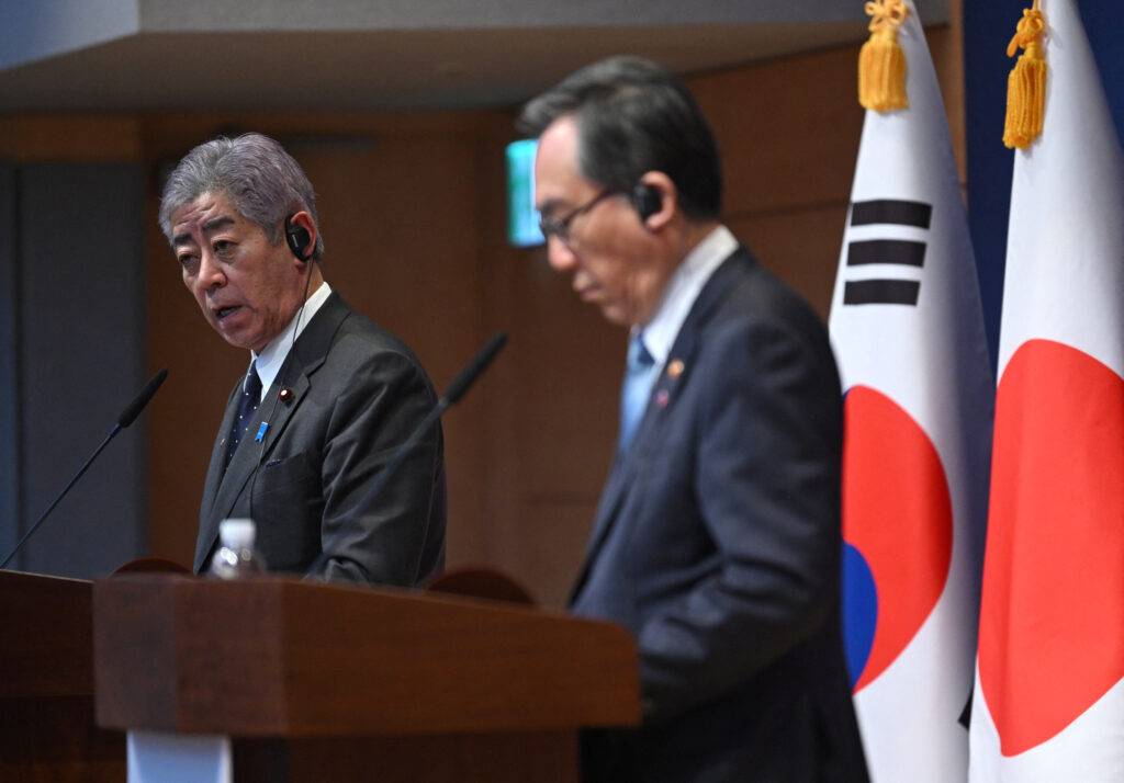 South Korean Foreign Minister Cho Tae-yul (R) and Japanese Foreign Minister IWAYA Takeshi (L) attend a joint press conference following their meeting at the Foreign Ministry in Seoul on January 13, 2025. (AFP)