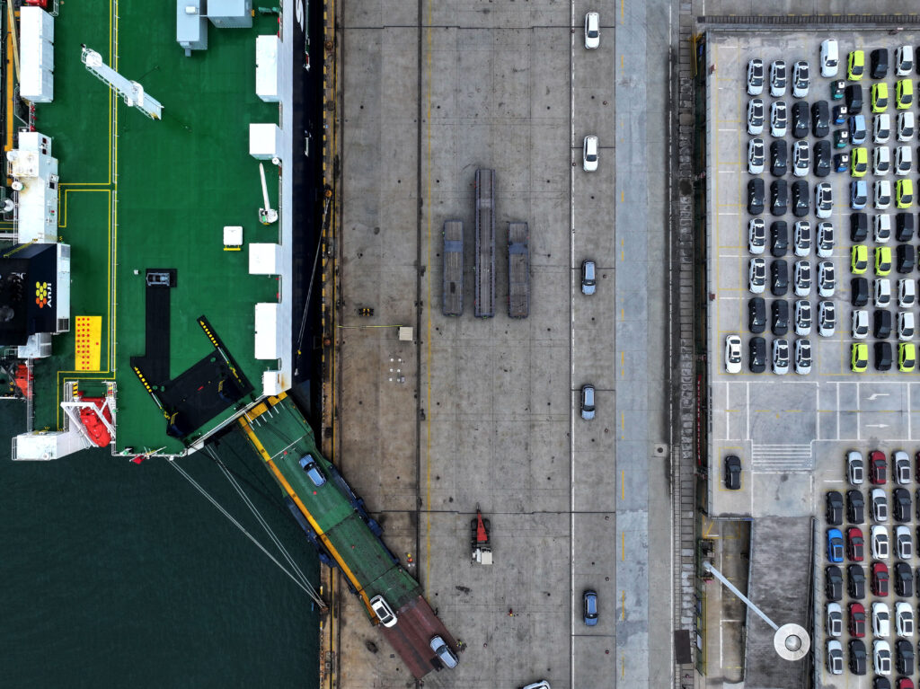 This photo taken on January 23, 2025 shows a cargo ship loading cars to be exported in a port in Lianyungang, east China's Jiangsu province. (AFP)
