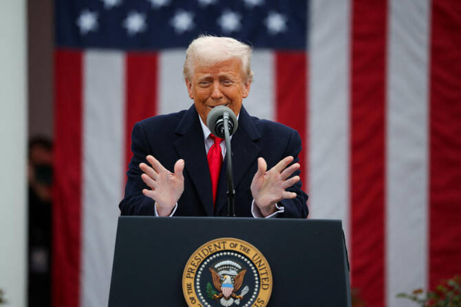 US President Donald Trump gestures as he delivers remarks on tariffs in the Rose Garden at the White House in Washington, D.C., US, April 2, 2025. (Reuters)