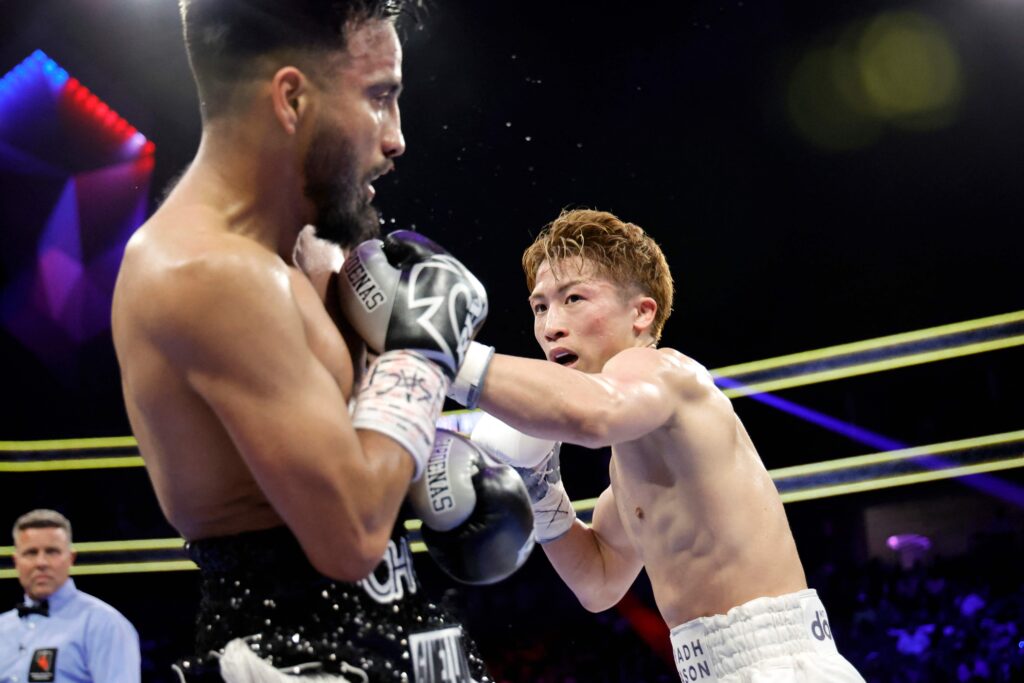 Undisputed junior featherweight champion Naoya Inoue (R) punches Ramon Cardenas in the fifth round of their title fight at T-Mobile Arena on May 04, 2025 in Las Vegas, Nevada. Inoue retained his titles with an eighth-round TKO. (AFP)