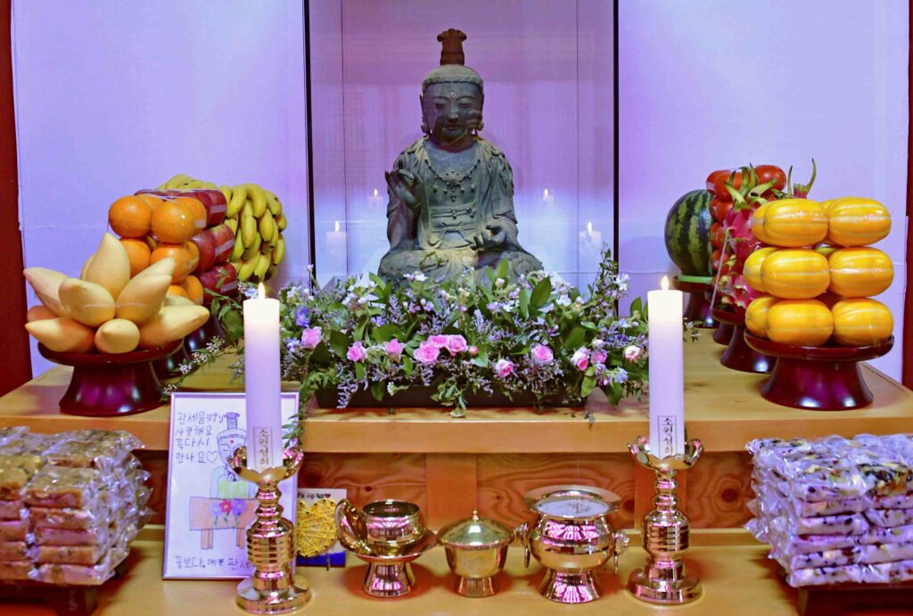 A 14th-century Buddhist statue of the Avalokitesvara Bodhisattva, stolen from Japan's Kannonji temple in 2012, sits at Buseok Temple in Seosan, South Korea, Monday, May 5, 2025. (Kyodo News via AP)