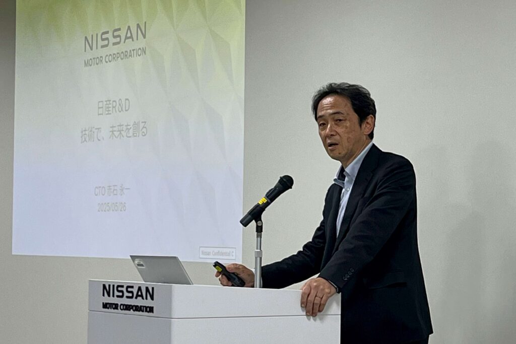 Nissan Chief Technology Officer Eiichi Akashi talks to reporters about their next-generation e-Power technology at the company Grandrive facility in Yokosuka, Japan, Monday, May 26, 2025. (AP Photo)