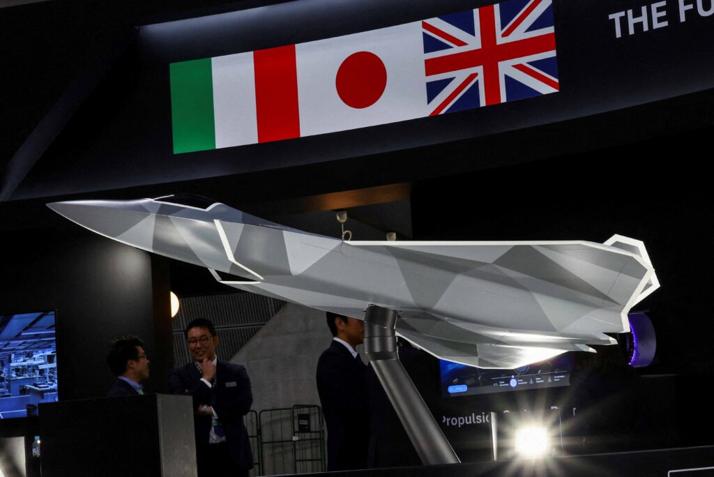 A concept model of the Global Combat Air Programme (GCAP)'s fighter jet is displayed during the Defence Security Equipment International (DSEI) Japan at Makuhari Messe in Chiba, east of Tokyo, Japan May 21, 2025. (Reuters)