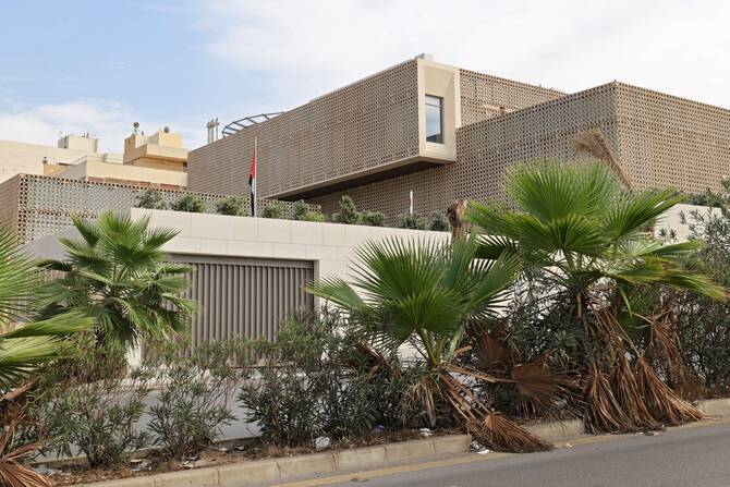 A picture shows a view of the United Arab Emirates embassy in the Lebanese capital Beirut on October 30, 2021. (File/AFP)