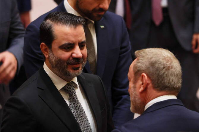 Syrian Foreign Minister Asaad al-Shaibani meets with other diplomats at the United Nations headquarters in New York City on April 29, 2025. (Getty Images via AFP)