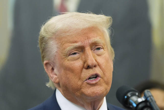 President Donald Trump speaks during an event in the Oval Office of the White House, Monday, May 5, 2025, in Washington. (AP)