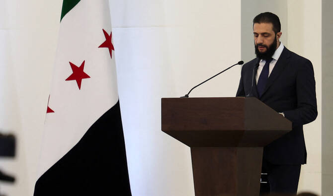 President Ahmed Al-Sharaa delivers a speech in Damascus on March 29, 2025. (AFP)