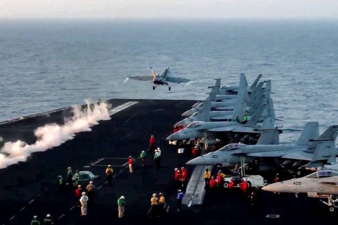 A US F/A-18 Super Hornet attack fighter jet takes off from the US Navy’s Nimitz-class USS Harry S. Truman aircraft carrier at sea on March 16, 2025. (AFP)