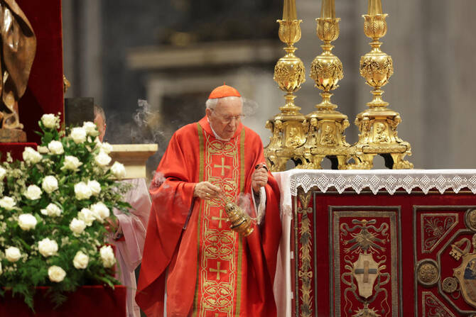 Dean of the College of Cardinals, Cardinal Giovanni Battista Re, presides over the Holy Mass, celebrated for the election of the new pope, in St. Peter's Basilica, at the Vatican, May 7, 2025. (Reuters)