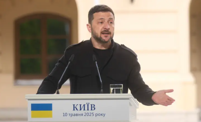 Ukrainian President Volodymyr Zelenskyy during a press conference in Kyiv on Saturday. (AP)