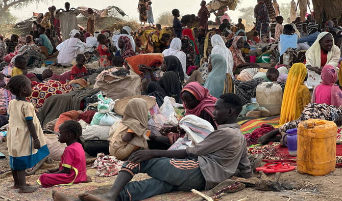 People who fled the Zamzam camp for the internally displaced after it fell under RSF control, rest in a makeshift encampment in an open field near the town of Tawila in war-torn Sudan's western Darfur region on April 13, 2025. (AFP/File)