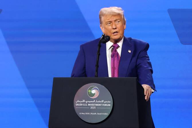 US President Donald Trump speaks during the Saudi-US investment forum at the King Abdul Aziz International Conference Center in Riyadh on May 13, 2025. (AFP)