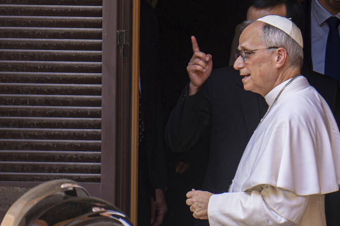 Pope Leo XIV leaves the Augustinian General House in Rome after a visit, Tuesday, May 13, 2025. (AP)