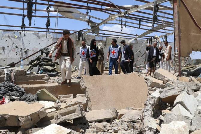 Red Cross members check the rubble of a building hit in US strikes in Yemen's northern province of Saada on April 29, 2025. (File/AFP)