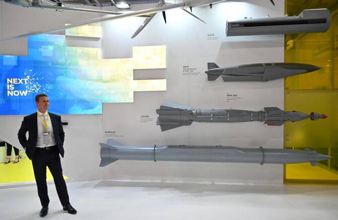 Models of long-range missiles are pictured at the Elbit systems display stand at the Farnborough Airshow, in Farnborough, on July 19, 2022. (AFP)