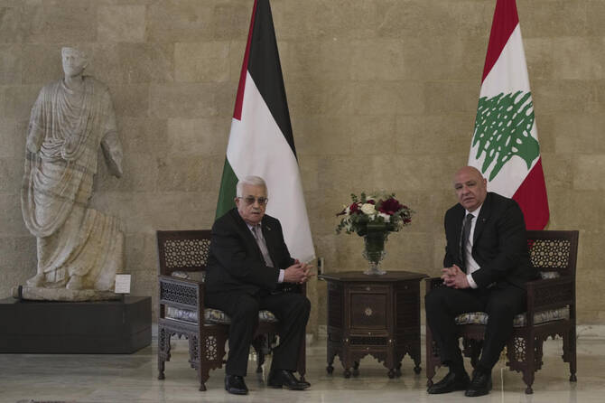 Lebanese President Joseph Aoun, right, meets with Palestinian President Mahmoud Abbas, at the Presidential Palace, in Baabda, east of Beirut, Lebanon on May 21, 2025. (AP)