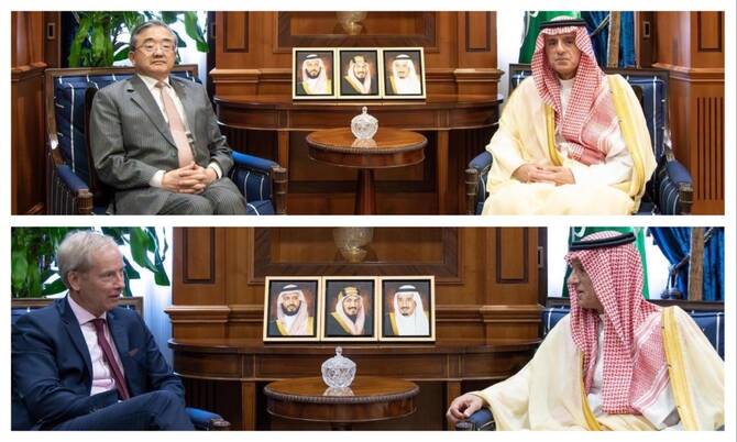 Saudi Climate Envoy Adel Al-Jubeir receives, separately, China’s Special Envoy for Climate Change Liu Zhenmin and deputy secretary-general for political affairs at the European External Action Service, Olof Skoog, in Riyadh on Sunday. (SPA)