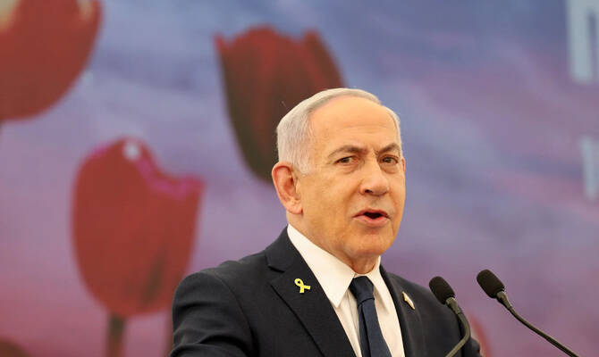 Prime Minister Benjamin Netanyahu speaks during an annual Memorial Day ceremony in Jerusalem on April 29, 2025. (AFP)