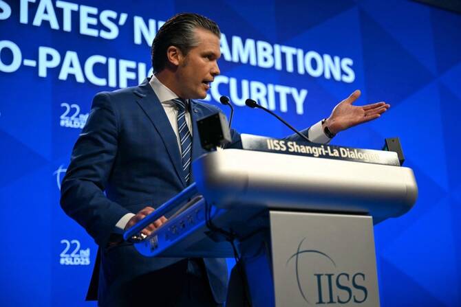 US Secretary of Defense Pete Hegseth delivers an address at the Shangri-La Dialogue Summit in Singapore. (AFP)
