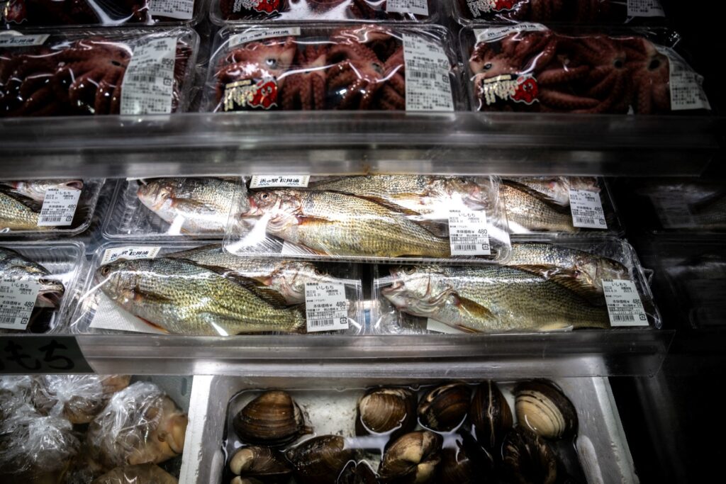 Seafood from Fukushima Prefecture is seen at Hamanoeki Fish Market and Food Court, in Soma City of Fukushima Prefecture on August 31, 2023. (AFP)