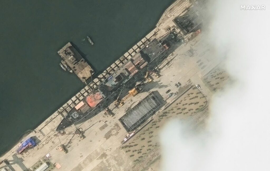 This handout satellite image courtesy of Maxar Technologies taken on May 18, 2025 and made available on May 22, 2025 shows a general view of a new North Korean warship at the harbour ahead of its launch in Chongjin. (AFP)