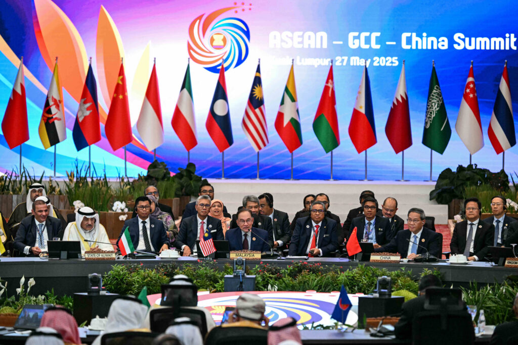 Malaysia's Prime Minister Anwar Ibrahim (C), China's Premier Li Qiang (R) and Crown Prince of Kuwait Sheikh Sabah Khaled al-Hamad al-Sabah (L) attend the ASEAN - Gulf Cooperation Council (GCC) - China Summit after the 46th Association of Southeast Asian Nations (ASEAN) Summit in Kuala Lumpur on May 27. (AFP)