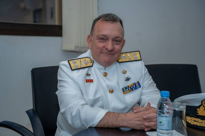 Rear Adm. Vasileios Gryparis, commander of the EU military mission EUNAVFOR Aspides. (AN photo by Loai Elkelawy)