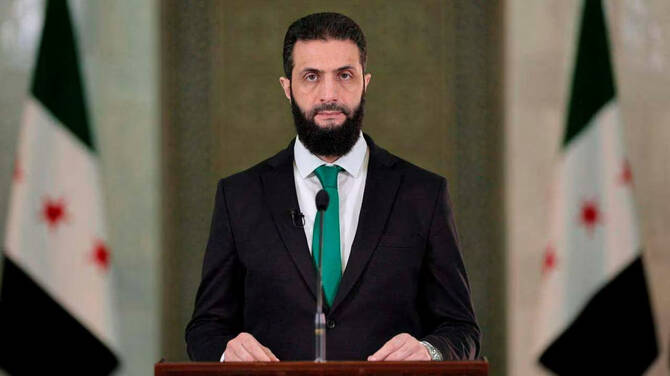 Syria's President Ahmed al-Sharaa delivers a speech at the Presidential Palace in Damascus, Syria. (Reuters)