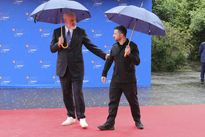 Albanian Prime Minister Edi Rama welcomes Ukrainian President Volodymyr Zelensky, ahead of a summit where the leaders of 47 European countries and organizations will discuss security, defense and democratic standards against the backdrop of Russia’s war on Ukraine, in Tirana on Friday. (AP)