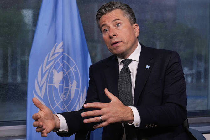 UN humanitarian chief Tom Fletcher responds to questions during an interview at United Nations headquarters on May 14, 2025. (AP Photo)