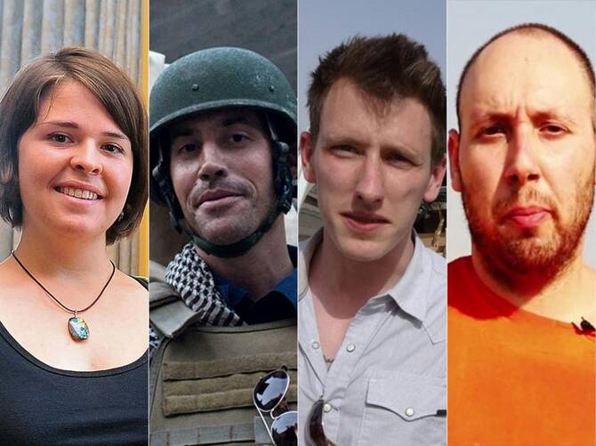This combination of file pictures created on October 28, 2019 shows(L-R) a handout photo courtesy of the Daily Courier in Prescott, Arizona, taken by Matt Hinshaw of Kayla Mueller in 2013 in Prescott, Arizona, US freelance reporter James Foley on November 5, 2012 in Aleppo, a file handout photo released by the Kassig Family on October 4, 2014 of Peter Kassig, taken somewhere along the Syrian border between late 2012 and fall 2013, andan image grab taken from a video released by Daesh on September 2, 2014, purportedly showing 31-year-old US freelance writer Steven Sotloff. (AFP)