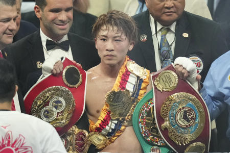 Japanese champion Naoya Inoue celebrates after defending his super bantamweight world title at the Ariake Arena in Tokyo, Friday, Jan.24, 2025. (AP file)