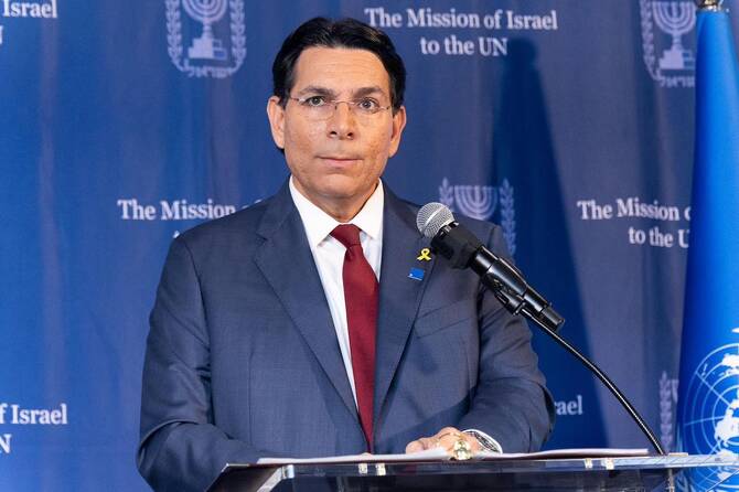 Israel’s UN ambassador Danny Danon delivers remarks during Israeli Independence Day celebrations at the UN Headquarters in New York City on Tuesday. (Ohad Kab)