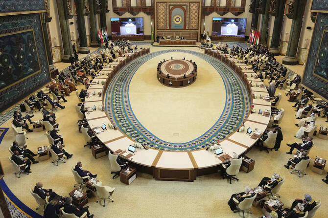 Arab leaders attend the opening session of the 34th Arab League summit, in Baghdad, Iraq, Saturday, May 17, 2025. (AP)