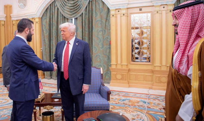 US President Donald Trump meets with Syrian President Ahmed Al-Sharaa in Riyadh, Saudi Arabia on May 14, 2025. (Reuters)