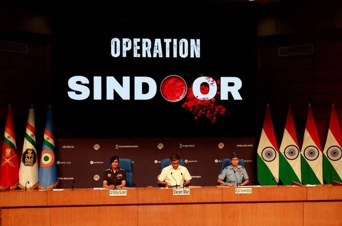 India’s Foreign Secretary Vikram Misri holds a press briefing with Indian army officials following India’s military strikes on Pakistan, in New Delhi, India on May 7, 2025. (Reuters)