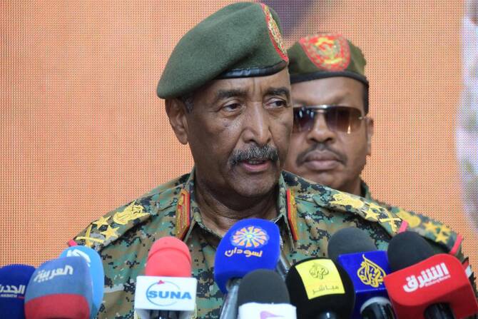 Sudan's army chief General Abdel Fattah al-Burhan speaks during a civil service conference in Port Sudan, Apr. 29, 2025. (AFP)