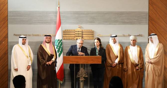 Lebanese Prime Minister Nawaf Salam with ambassadors from the Gulf countries and the Lebanese tourism minister. (Supplied)