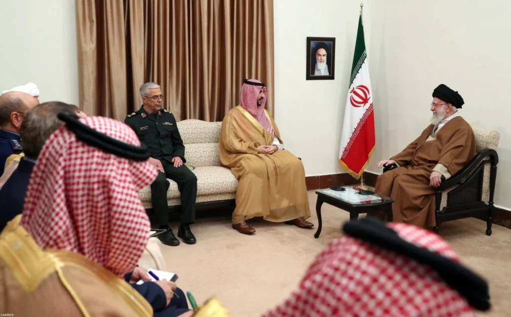 The meeting between Prince Khalid bin Salman and Supreme Leader Ali Khamenei in Tehran last April (Fars News Agency)