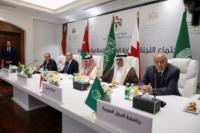 Jordanian Foreign Minister Ayman Safadi, Saudi Arabia's Foreign Minister Prince Faisal bin Farhan Al Saud, Egypt's Foreign Minister Badr Abdelatty, Bahrain's Foreign Minister Abdullatif bin Rashid Al Zayani and Arab League Secretary-General Ahmed Aboul Gheit, of the Ministerial Committee Assigned by the Joint Extraordinary Arab-Islamic Summit on Gaza, meet in Amman, Jordan June 1, 2025. (Reuters)