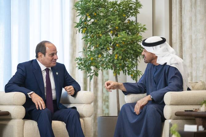 UAE’s Sheikh Mohamed bin Zayed Al-Nahyan and Egypt’s Abdel Fattah El-Sisi during their meeting in Abu Dhabi. (WAM)