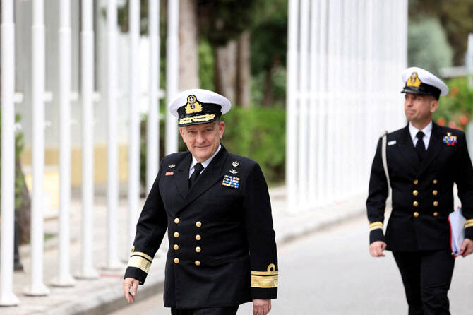Rear Admiral Vasileios Gryparis walks at the European Union’s naval mission “Aspides” headquarters in Larissa, Greece, April 16, 2024. (Reuters/File)