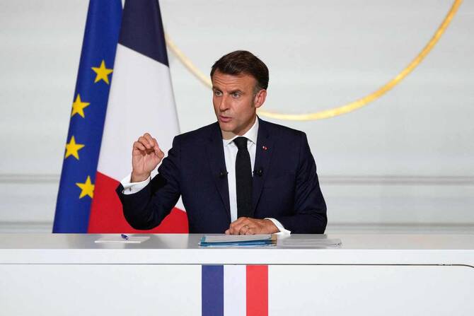 French President Emmanuel Macron holds a press conference at the Elysee Palace in Paris on Friday. (File/Reuters)