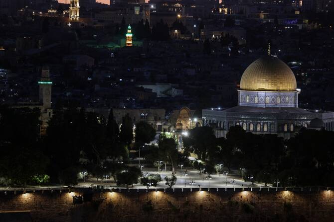 This picture taken from the Mount of Olives shows the Dome inside the al-Aqsa mosque compound in Jerusalem, at sunset, June 14, 2025. (AFP)