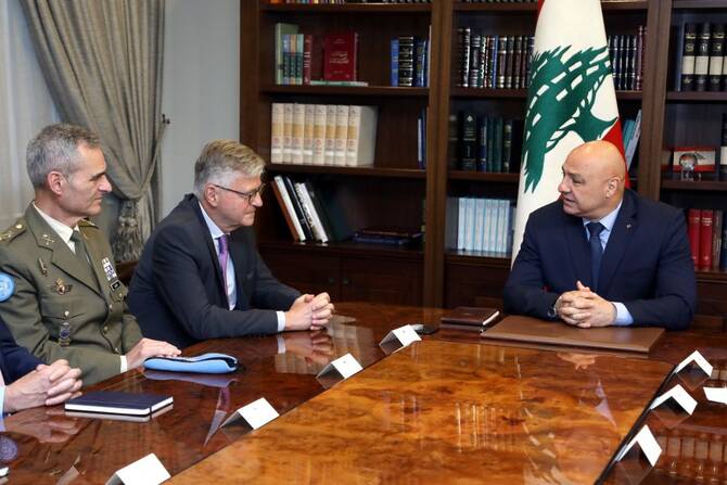 Lebanese President Joseph Aoun holds talks with Jean-Pierre Lacroix, UN undersecretary-general for peace operations, in Beirut on Wednesday. (Supplied)