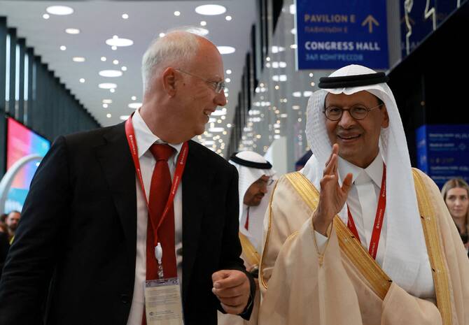 Head of the Russian Direct Investment Fund Kirill Dmitriev and Saudi Arabia’s Minister of Energy Prince Abdulaziz bin Salman arrive at the St. Petersburg International Economic Forum in Saint Petersburg, Russia on Thursday. Reuters