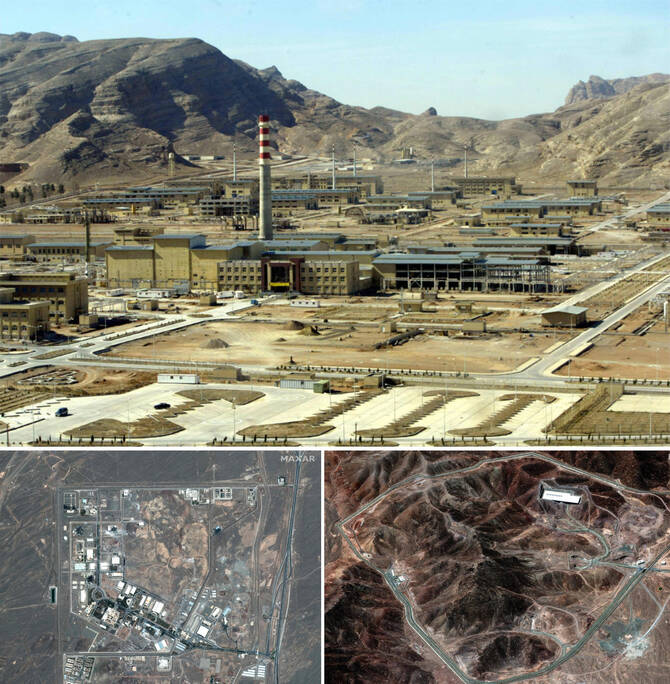 Combination image showing (clockwise, from top) a general view of Isfahan nuclear power plant near Tehran, the Natanz nuclear facilities (Shahid Ahmadi Roshan Nuclear Facilities) near Ahmadabad, and Fordow Fuel Enrichment Plant in central Iran on June 14, 2025. (AFP photos)