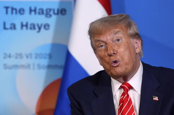 President Donald Trump speaks as he meets with Netherlands' Prime Minister Dick Schoof on the sidelines of a NATO summit in The Hague, Netherlands, Wednesday, June 25, 2025. (AP)