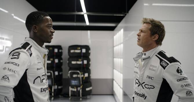 Damson Idris as Joshua Pearce and Brad Pitt as Sonny Hayes in 'F1: The Movie.' (Supplied)